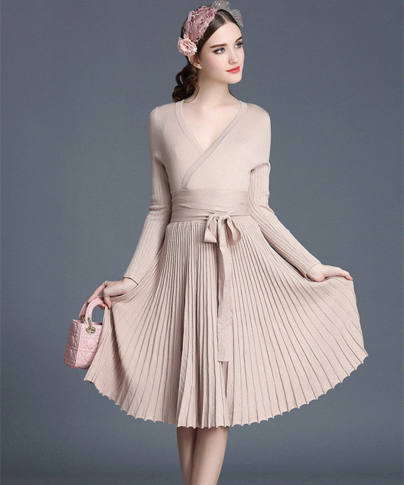 CHANGLA Autumn Women's Fashion Sweaters Dresses A-line Deep V Neck Belted Pleated Vintage Dress Long Sleeve Knitting Dress-Dollar Bargains Online Shopping Australia