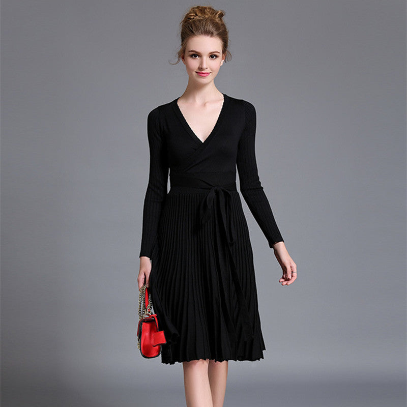 CHANGLA Autumn Women's Fashion Sweaters Dresses A-line Deep V Neck Belted Pleated Vintage Dress Long Sleeve Knitting Dress-Dollar Bargains Online Shopping Australia