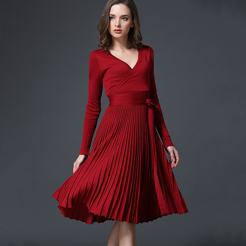 CHANGLA Autumn Women's Fashion Sweaters Dresses A-line Deep V Neck Belted Pleated Vintage Dress Long Sleeve Knitting Dress-Dollar Bargains Online Shopping Australia