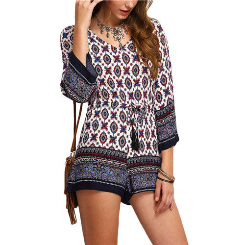 Shorts Rompers Womens Jumpsuits Summer Multicolor V Neck Three Quarter Length Sleeve Tribal Print Tassel-Tied Romper-Dollar Bargains Online Shopping Australia