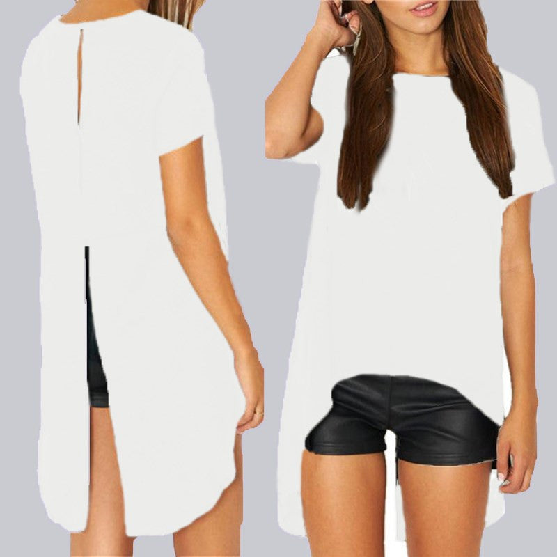 Summer Women Blouses Chiffon Split Backless Short Sleeve Casual Blouse Loose Irregular Hem Tops Plus Size-Dollar Bargains Online Shopping Australia