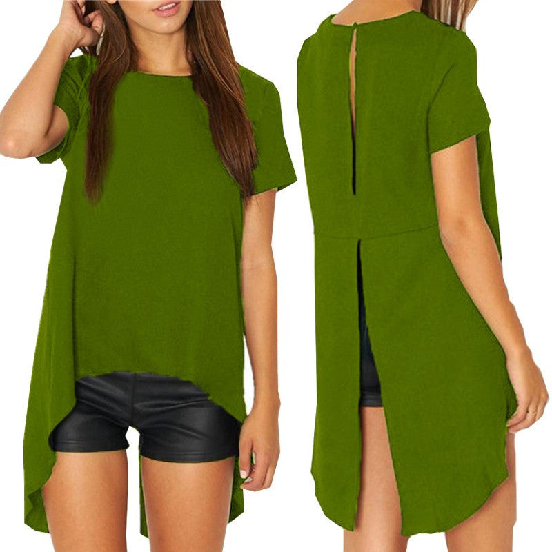 Summer Women Blouses Chiffon Split Backless Short Sleeve Casual Blouse Loose Irregular Hem Tops Plus Size-Dollar Bargains Online Shopping Australia