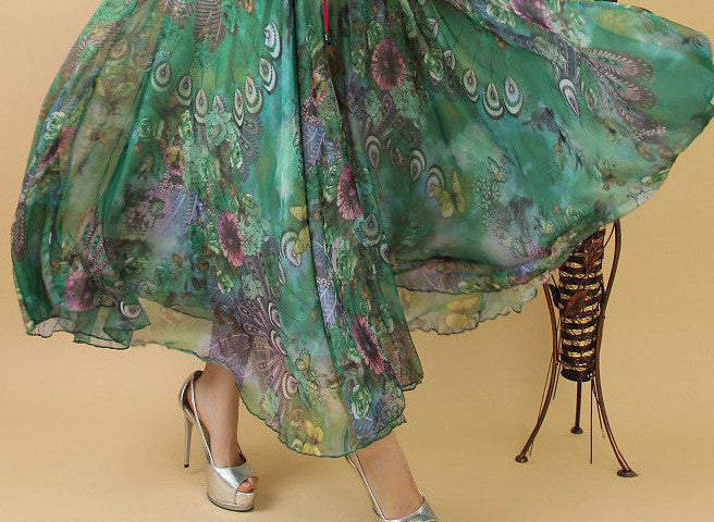 19 Patterns Peacock Feather Fake Silk Elastic Waist Big Bottom Printed Bohemia Skirt Women Full Long Chiffon Skirt-Dollar Bargains Online Shopping Australia