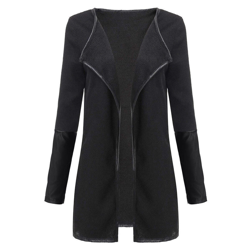 Women PU Leather Sleeve Knitted Cardigan Long Sleeve Poncho Outwear Jacket Coat Black White Suit Top-Dollar Bargains Online Shopping Australia