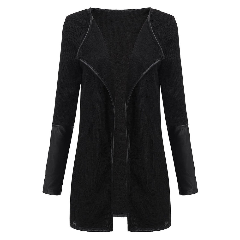Women PU Leather Sleeve Knitted Cardigan Long Sleeve Poncho Outwear Jacket Coat Black White Suit Top-Dollar Bargains Online Shopping Australia