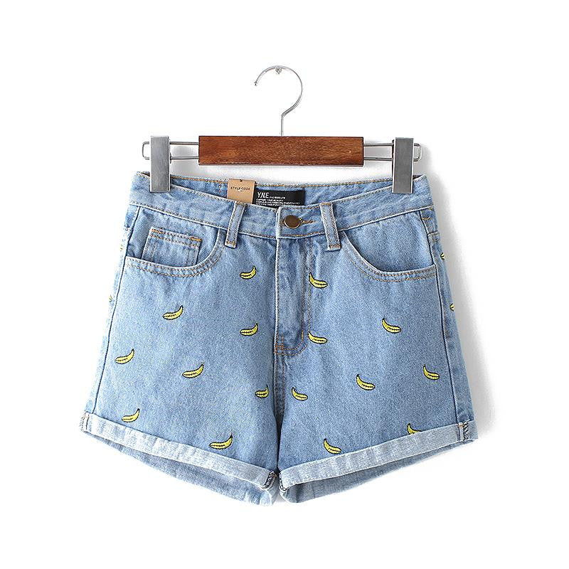 fashion women Korean summer banana flower embroidery cotton curling plus size casual female waist denim shorts-Dollar Bargains Online Shopping Australia