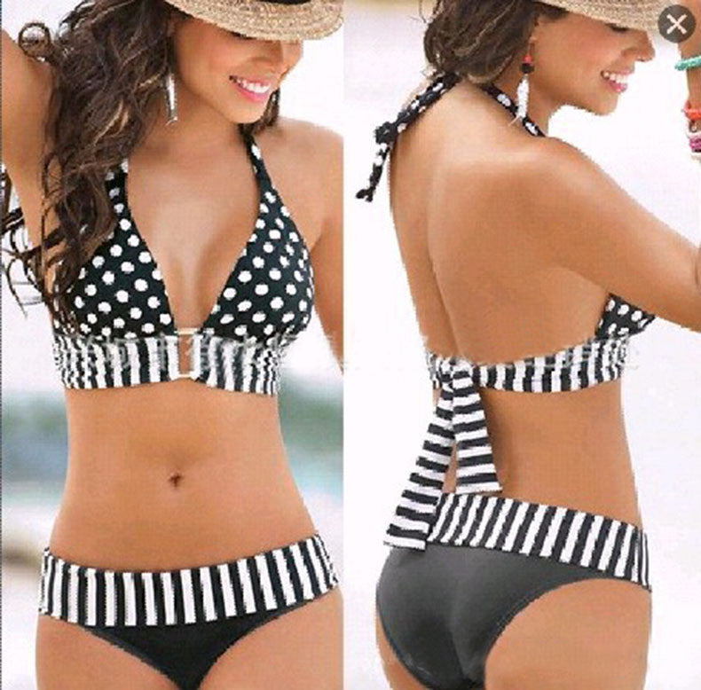 Woman Brazilian Retro Polka Dot Halter Two-piece Suits Bra Bikinis Set Stripe Push Up Bathing Suit Swimwear Plus Size S-4XL-Dollar Bargains Online Shopping Australia