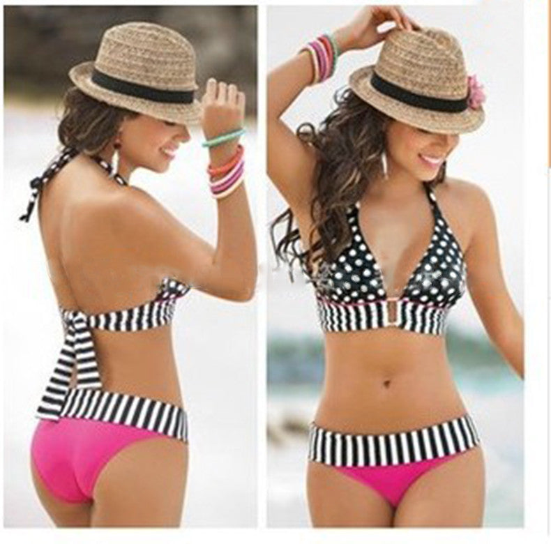 Woman Brazilian Retro Polka Dot Halter Two-piece Suits Bra Bikinis Set Stripe Push Up Bathing Suit Swimwear Plus Size S-4XL-Dollar Bargains Online Shopping Australia