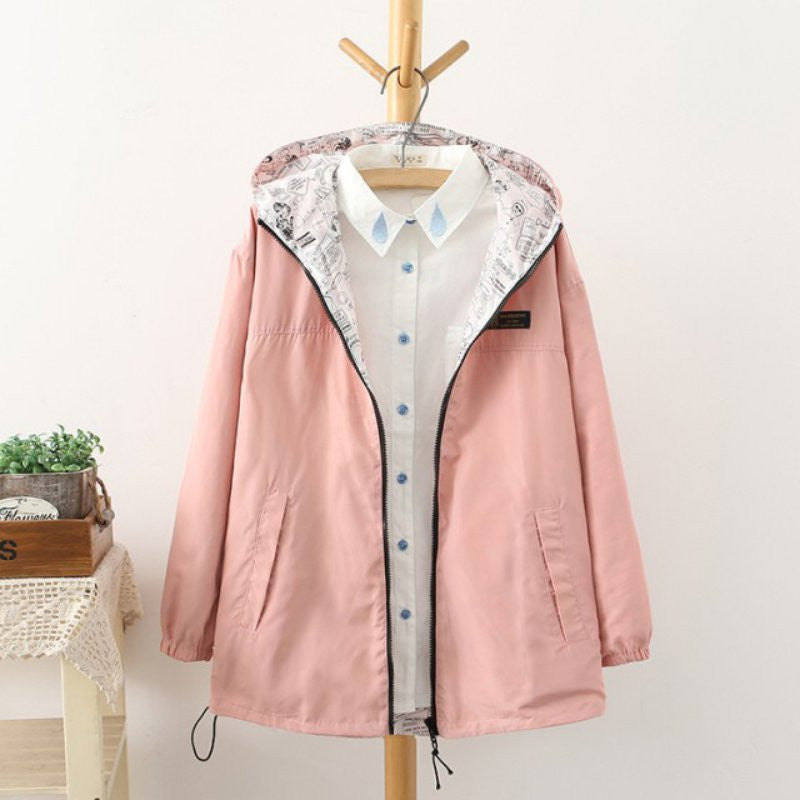 Spring Autumn Fashion Women Jacket Coat Pocket Zipper Hooded Two Side Wear Cartoon Print Outwear Loose Plus Size-Dollar Bargains Online Shopping Australia