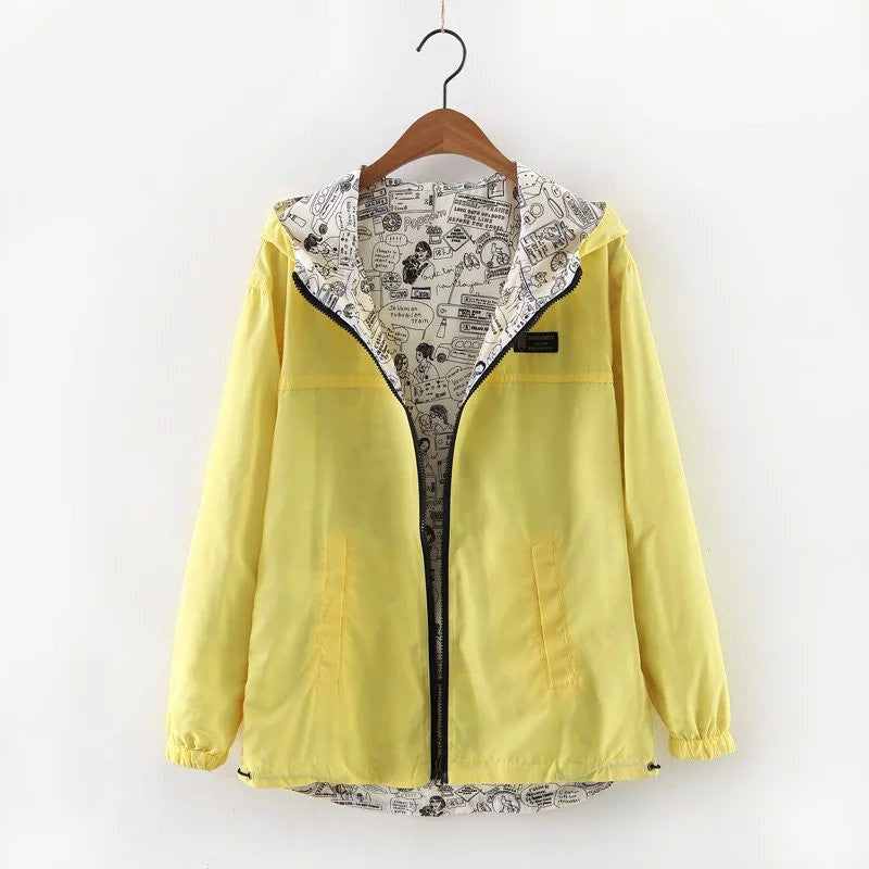 Spring Autumn Fashion Women Jacket Coat Pocket Zipper Hooded Two Side Wear Cartoon Print Outwear Loose Plus Size-Dollar Bargains Online Shopping Australia