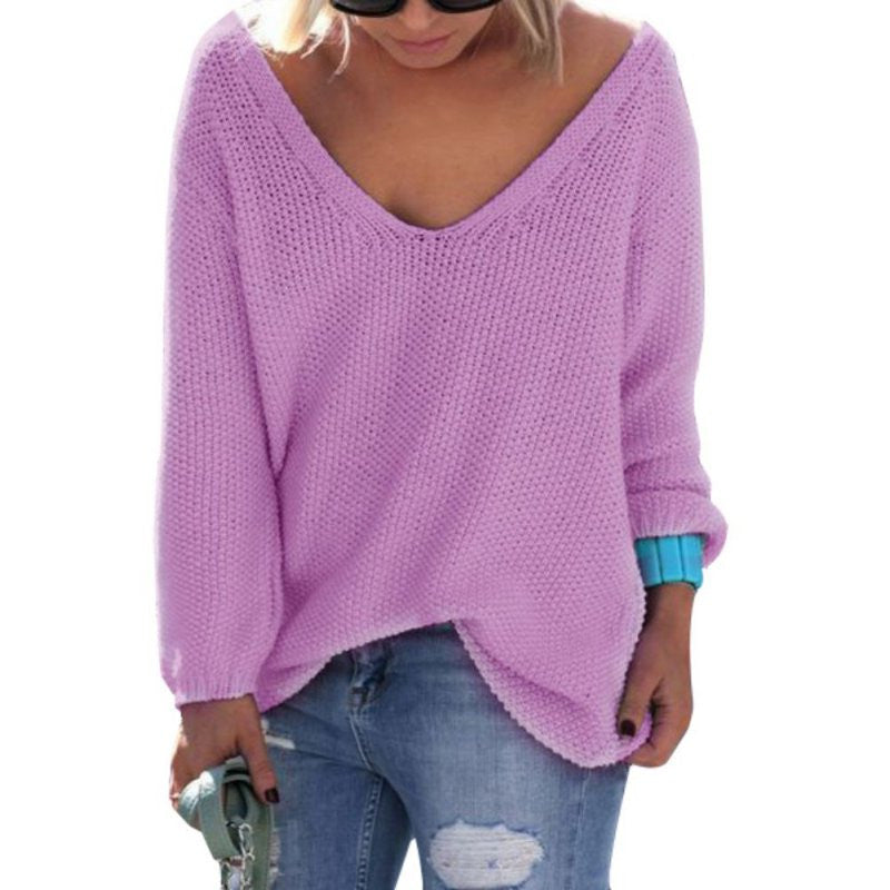 Womens Cute Elegant V Neck Loose Casual Knit Sweater Pullover Long Sleeve Spring Sweater Tops-Dollar Bargains Online Shopping Australia