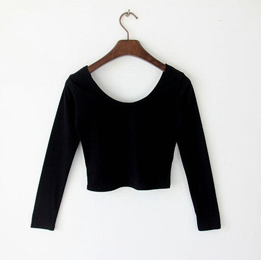 Basic Solid Stretchable Scoop Neck Long Sleeve Crop Top Black XS at   Women's Clothing store