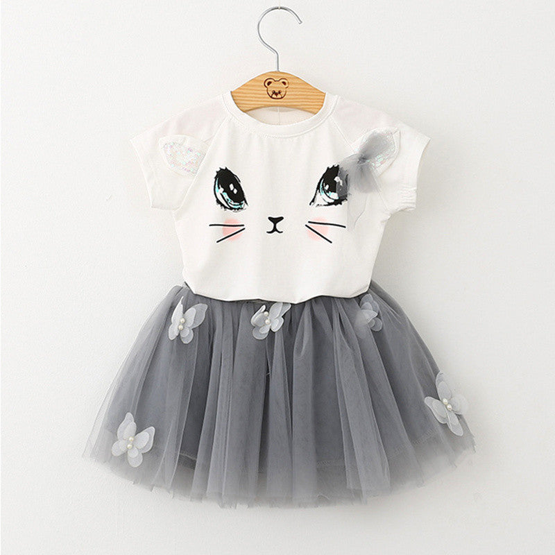 Menoea Girls Dress Clothes 100% Summer Fashion Style Cartoon Cute Little White Cartoon Dress Kitten Printed Dress-Dollar Bargains Online Shopping Australia