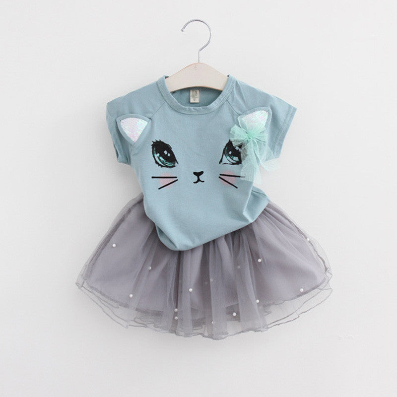 Menoea Girls Dress Clothes 100% Summer Fashion Style Cartoon Cute Little White Cartoon Dress Kitten Printed Dress-Dollar Bargains Online Shopping Australia