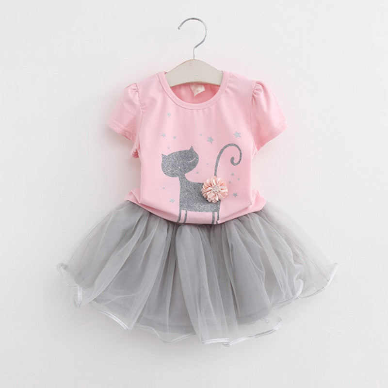 Menoea Girls Dress Clothes 100% Summer Fashion Style Cartoon Cute Little White Cartoon Dress Kitten Printed Dress-Dollar Bargains Online Shopping Australia