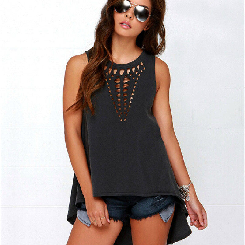 Sexy Casual Blusas Retro Hollow Women Shirts Top Sleeveless Plus Size Irregular Hem Loose Blouse Vest S-3XL-Dollar Bargains Online Shopping Australia