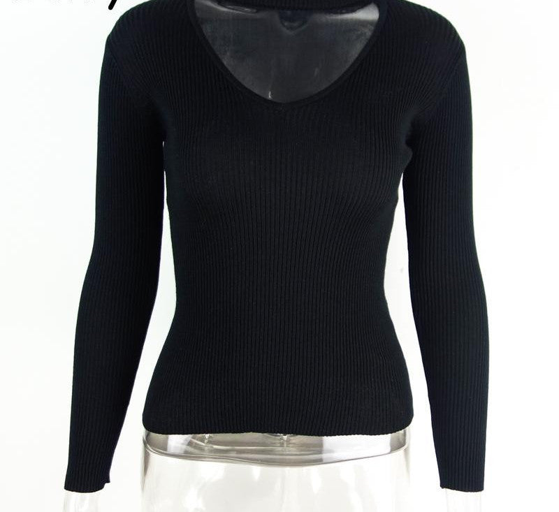 BerryGo Autumn winter black halter knitted sweater White pullover women tops Slim v neck long sleeve chic jumper pull femme-Dollar Bargains Online Shopping Australia