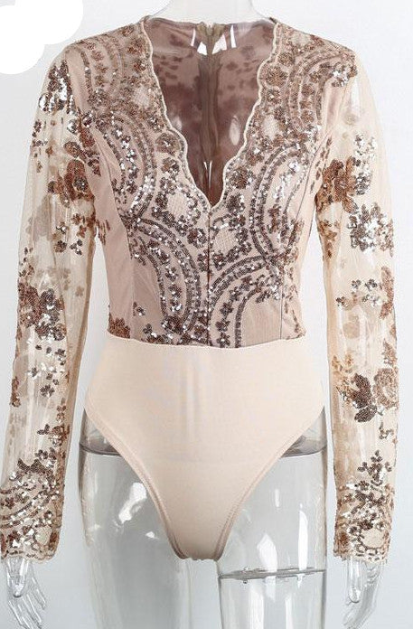 Simplee Apparel Golden sequin mesh bodysuit for women Transparent sleeve leotard bodysuit top V neck elegant jumpsuit romper-Dollar Bargains Online Shopping Australia