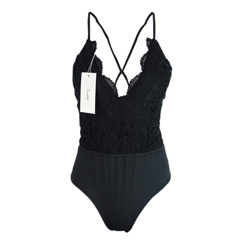 Simplee Apparel Black lace up backless bodysuit Spring elastic deep v neck women jumpsuit rompers Casual cami tops-Dollar Bargains Online Shopping Australia