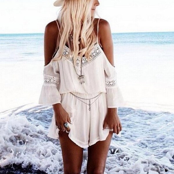 Womens Lace Chiffon Jumpsuit Rompers Summer Sexy Strap Off Shoulder Backless Bodysuit Beach Wear Playsuit Short Overalls-Dollar Bargains Online Shopping Australia