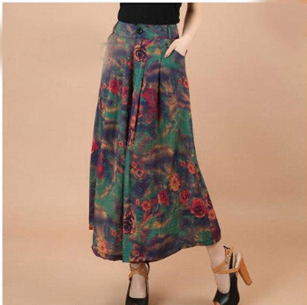 Plus size Summer Women Print Flower Pattern Wide Leg Loose Linen Dress Pants Female Casual Skirt Trousers Capris Culottes N597-Dollar Bargains Online Shopping Australia