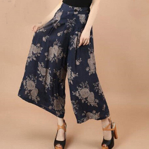 Plus size Summer Women Print Flower Pattern Wide Leg Loose Linen Dress Pants Female Casual Skirt Trousers Capris Culottes N597-Dollar Bargains Online Shopping Australia
