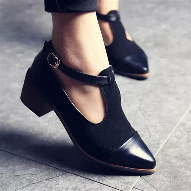 Vintage Oxford Shoes Women Pointed Toe Cut Out Med Heel Patchwork Buckle Ladies Shoes Flats WFS112-Dollar Bargains Online Shopping Australia