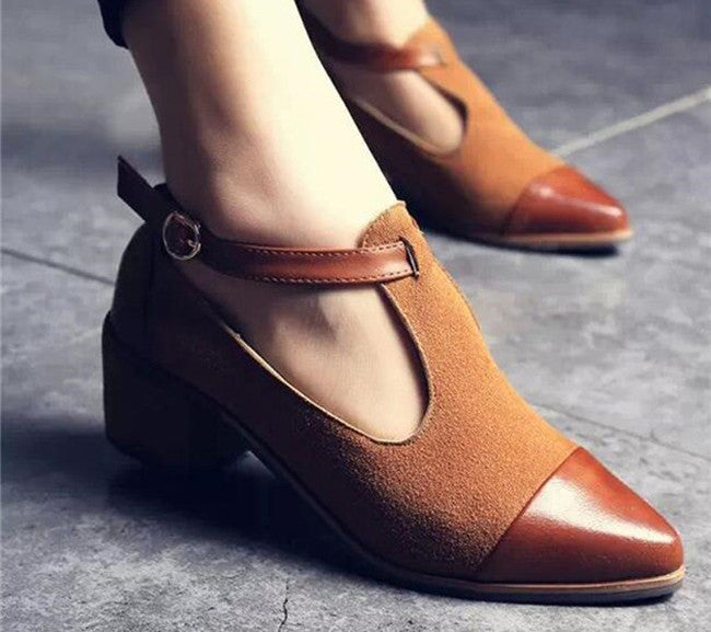 Vintage Oxford Shoes Women Pointed Toe Cut Out Med Heel Patchwork Buckle Ladies Shoes Flats WFS112-Dollar Bargains Online Shopping Australia