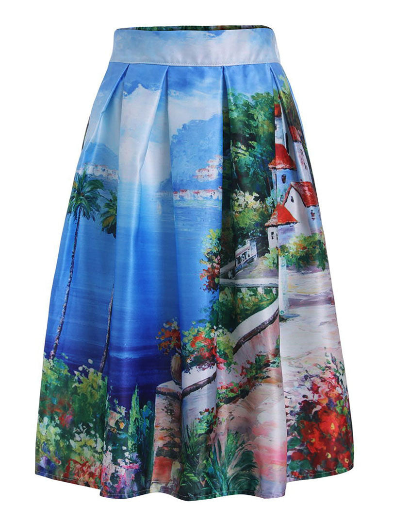 DayLook Summer Skater Skirt Vintage Charm Lady Multi Scene Print Pleated Midi Office Skirt Tutu Elegant Womens Skirts Saia-Dollar Bargains Online Shopping Australia