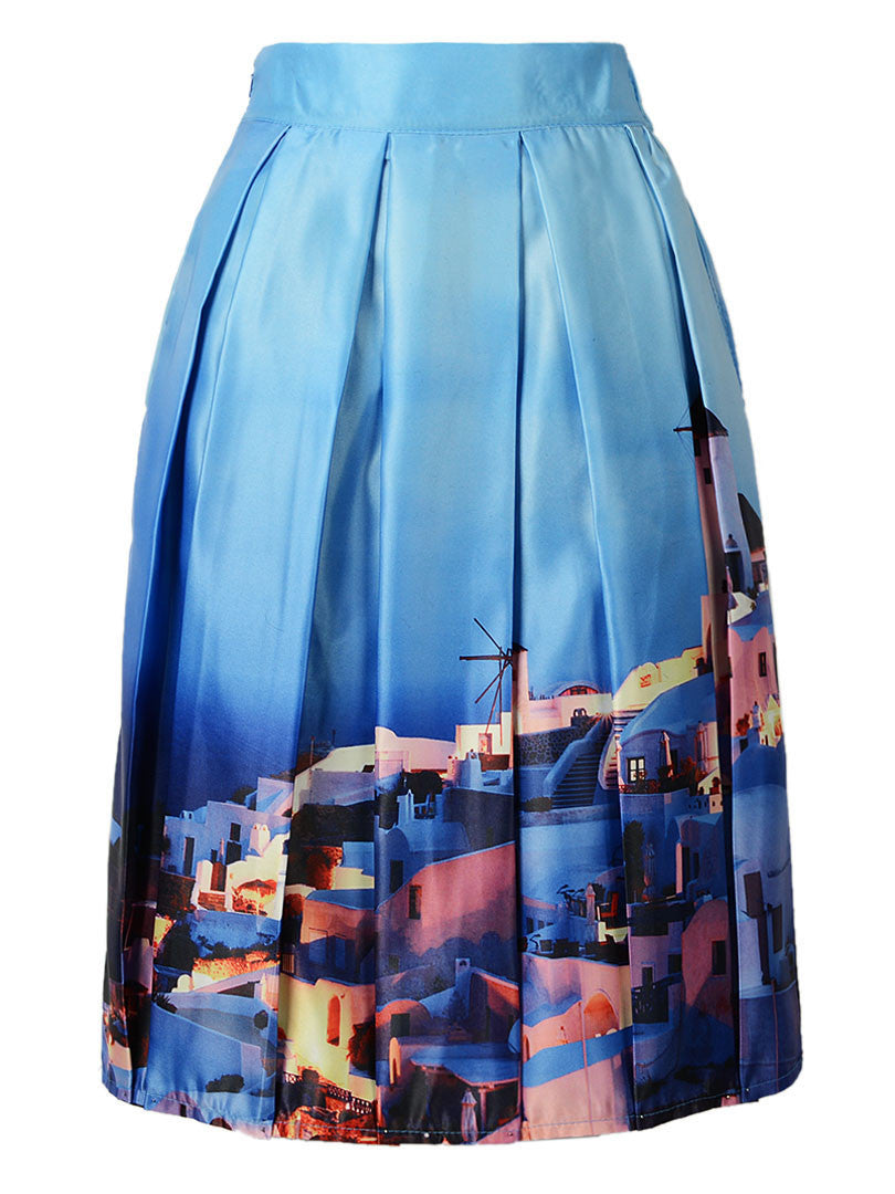 DayLook Summer Skater Skirt Vintage Charm Lady Multi Scene Print Pleated Midi Office Skirt Tutu Elegant Womens Skirts Saia-Dollar Bargains Online Shopping Australia