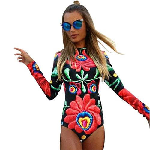 Autumn Women Bodysuits Print Flower Sexy Club Jumpsuits Long Sleeve Bodycon Sheath Bodysuit Elastic Heyoungirl-Dollar Bargains Online Shopping Australia