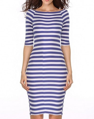 Summer Women's Fashion Bodycon Long Party Dresses Sexy Off The Shoulder Casual Striped Work OL One Piece Dress Blue-Dollar Bargains Online Shopping Australia