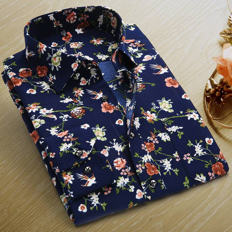 Spring Men Casual Shirts Fashion Long Sleeve Brand Printed Button-Up Formal Business Polka Dot Floral Men Dress Shirt-Dollar Bargains Online Shopping Australia