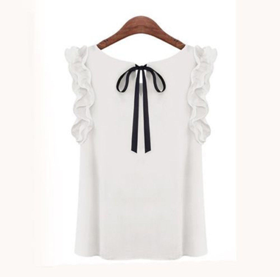 Womens Blouses Chiffon Shirts O-neck Lotus Leaf Pullover Lacing Bow Size S-XL-Dollar Bargains Online Shopping Australia