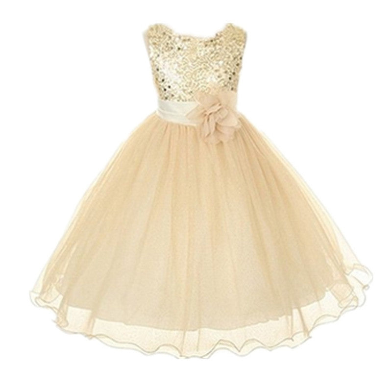 Princess Girl O-neck Sleeveless Sequined Floral Ball Gown Party Dresses One Piece Daily Dress-Dollar Bargains Online Shopping Australia