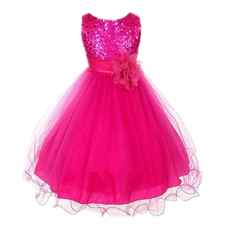 Princess Girl O-neck Sleeveless Sequined Floral Ball Gown Party Dresses One Piece Daily Dress-Dollar Bargains Online Shopping Australia