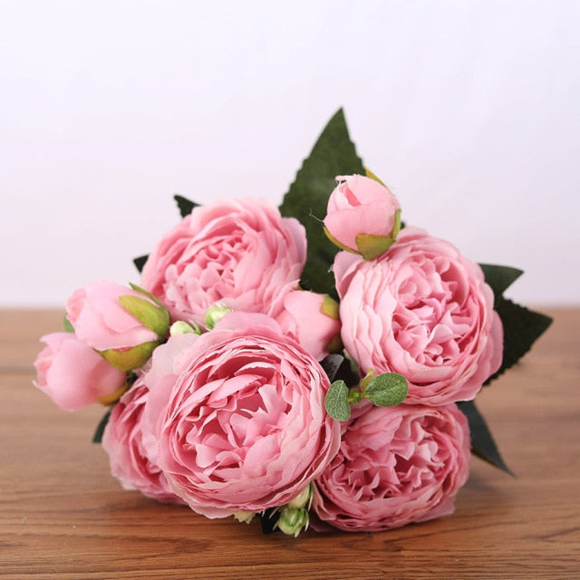 30cm Rose Pink Silk Bouquet Peony Artificial Flowers 5 Big Heads 4 Small Bud Bride Wedding Home Decoration Fake Flowers Faux-Dollar Bargains Online Shopping Australia
