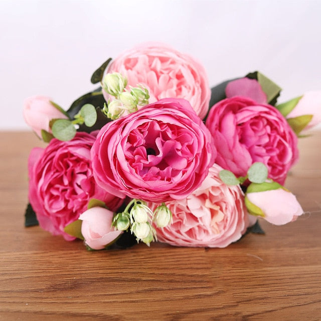 30cm Rose Pink Silk Bouquet Peony Artificial Flowers 5 Big Heads 4 Small Bud Bride Wedding Home Decoration Fake Flowers Faux-Dollar Bargains Online Shopping Australia