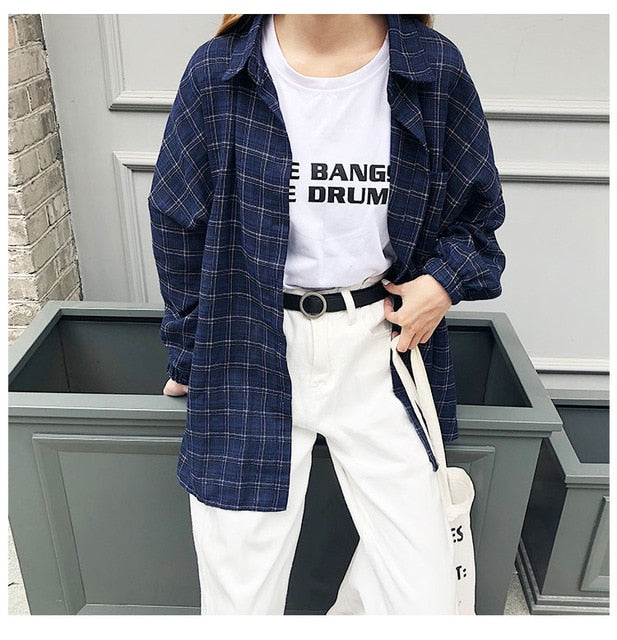 Woman Vent Vintage Plaid Shirt Single Breasted Turn down Collar Cotton Long Sleeve Button Feminina Sales T8D512Z-Dollar Bargains Online Shopping Australia