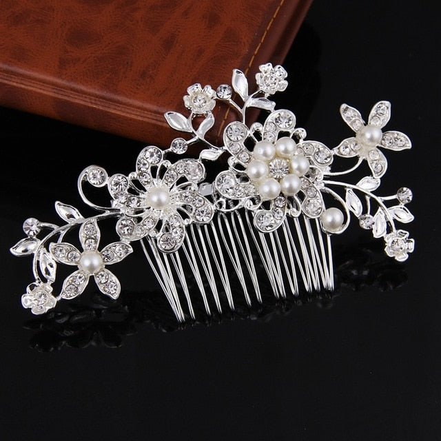 Silver Color Pearl Crystal Wedding Hair Combs Hair Accessories for Bridal Flower Headpiece Women Bride Hair ornaments Jewelry-Dollar Bargains Online Shopping Australia