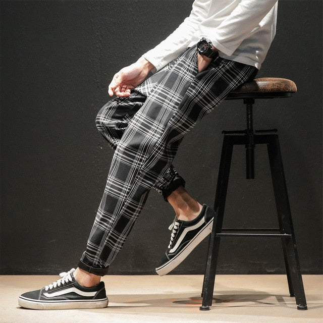 Japanese Streerwear Men Plaid Pants Slim Man Casual Trousers Korean Male Harem Pants-Dollar Bargains Online Shopping Australia