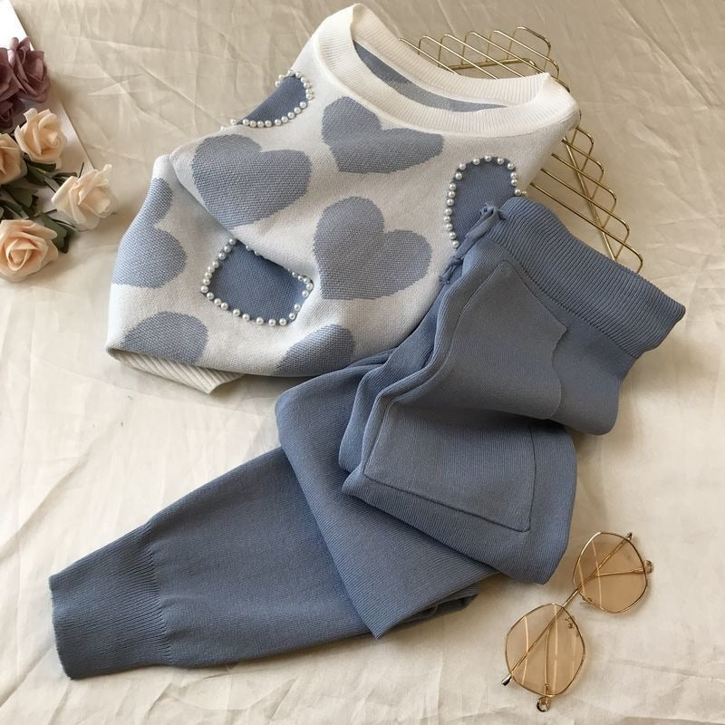 Korean summer Love printed knitted 2 Peice Set Women short sleeve beading Sweater Female tops+pants Suit pink casual Tracksuit-Dollar Bargains Online Shopping Australia