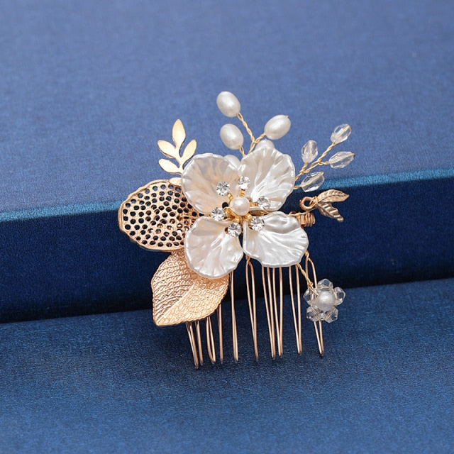 Trendy Handmade Tiara Wedding Hair Comb Leaf flower Bridal Headpiece Gold Pearl Rhinestone Head Jewelry Wedding Hair Accessories-Dollar Bargains Online Shopping Australia