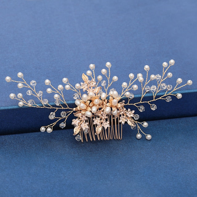 Trendy Handmade Tiara Wedding Hair Comb Leaf flower Bridal Headpiece Gold Pearl Rhinestone Head Jewelry Wedding Hair Accessories-Dollar Bargains Online Shopping Australia