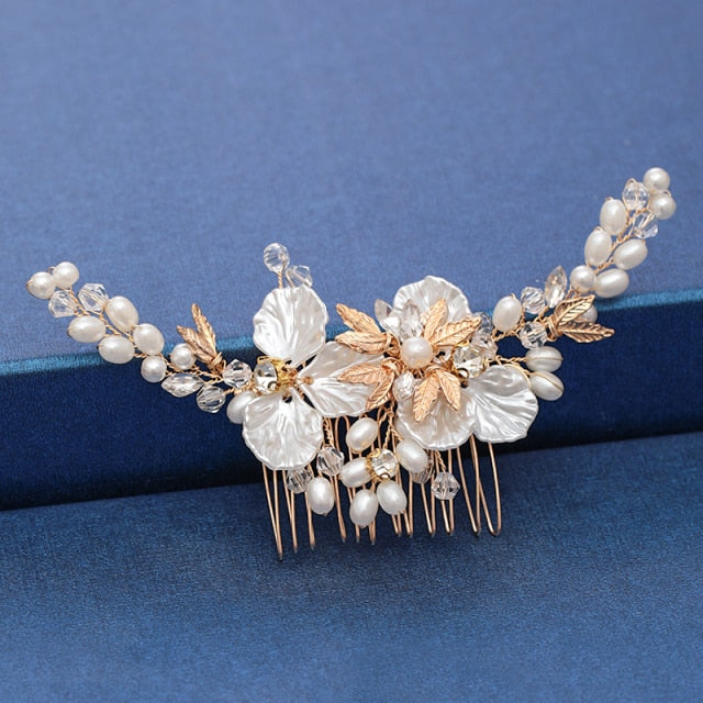 Trendy Handmade Tiara Wedding Hair Comb Leaf flower Bridal Headpiece Gold Pearl Rhinestone Head Jewelry Wedding Hair Accessories-Dollar Bargains Online Shopping Australia