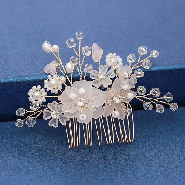 Trendy Handmade Tiara Wedding Hair Comb Leaf flower Bridal Headpiece Gold Pearl Rhinestone Head Jewelry Wedding Hair Accessories-Dollar Bargains Online Shopping Australia