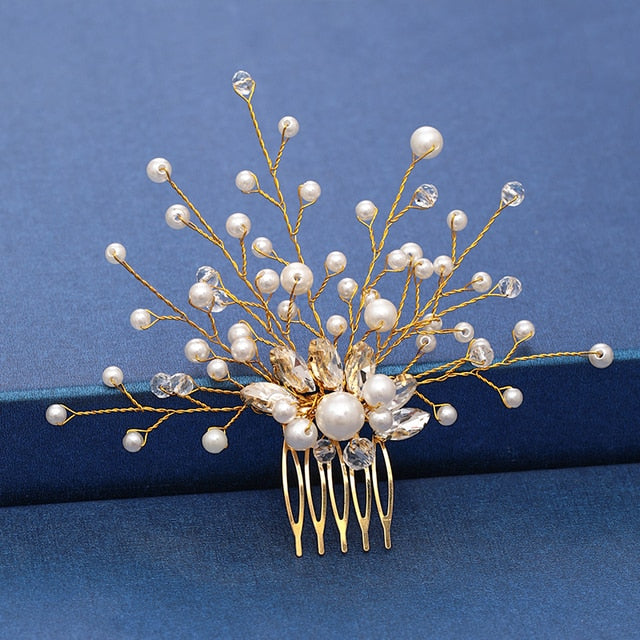 Trendy Handmade Tiara Wedding Hair Comb Leaf flower Bridal Headpiece Gold Pearl Rhinestone Head Jewelry Wedding Hair Accessories-Dollar Bargains Online Shopping Australia