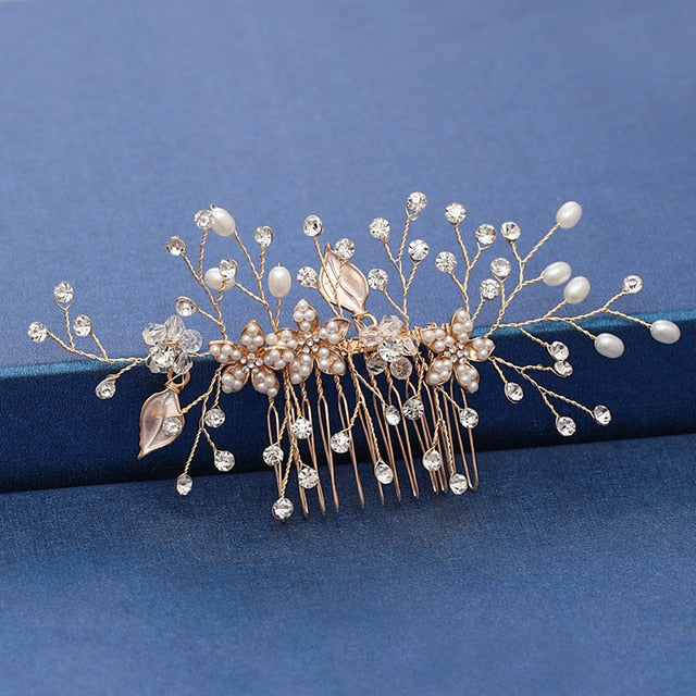 Trendy Handmade Tiara Wedding Hair Comb Leaf flower Bridal Headpiece Gold Pearl Rhinestone Head Jewelry Wedding Hair Accessories-Dollar Bargains Online Shopping Australia