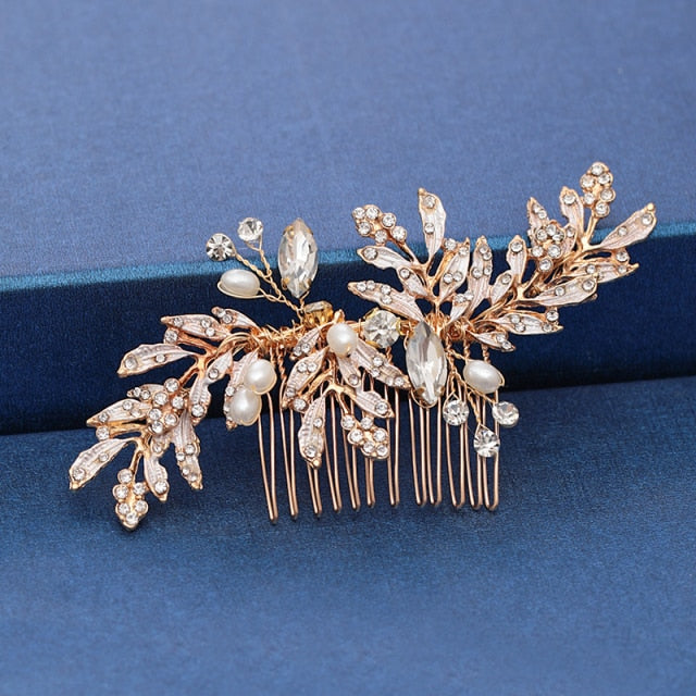 Trendy Handmade Tiara Wedding Hair Comb Leaf flower Bridal Headpiece Gold Pearl Rhinestone Head Jewelry Wedding Hair Accessories-Dollar Bargains Online Shopping Australia