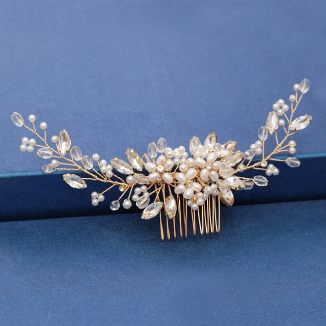 Trendy Handmade Tiara Wedding Hair Comb Leaf flower Bridal Headpiece Gold Pearl Rhinestone Head Jewelry Wedding Hair Accessories-Dollar Bargains Online Shopping Australia